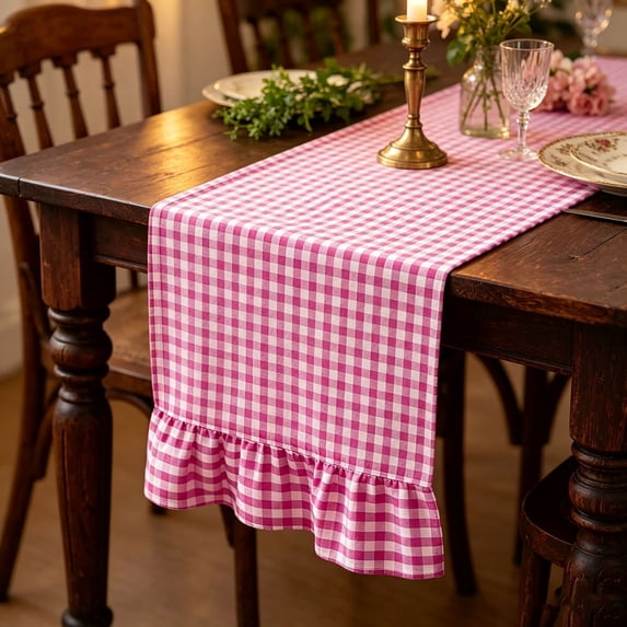 Gingham Plaid Ruffle Farmhouse Table Runner, 13.77" x 47.24" Short Ruffle Runner for Wedding Party Picnic Birthday Holiday, Boho Rustic Dining Decor, Table Decorations for Home Kitchen