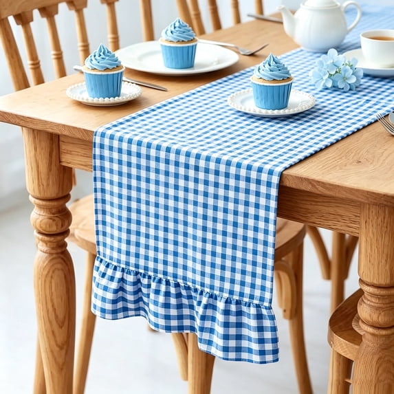 Gingham Plaid Ruffle Farmhouse Table Runner, 13.77" x 47.24" Short Ruffle Runner for Wedding Party Picnic Birthday Holiday, Boho Rustic Dining Decor, Table Decorations for Home Kitchen