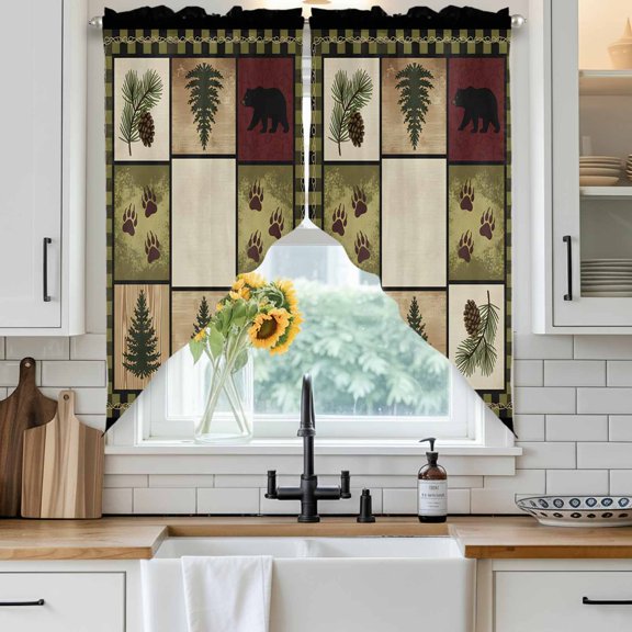 Gingham Plaid Swag Curtain Valance for Windows, Bear Silhouette Forest Pine Cones Vintage Green Frame Window Treatments Short Swag Topper for Kitchen Windows Bathroom Bedroom, 36"x63"