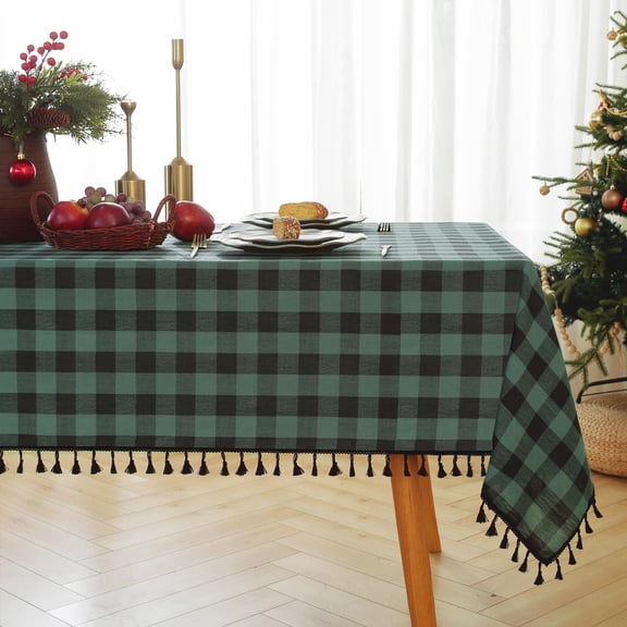 Gingham Plaid Tablecloth with Tassel Trim, Cotton Linen Blend Farmhouse Style Rectangle Table Cover, Wrinkle Resistant Soft Table Cloth for Kitchen Dining Party Picnic, Indoor Outdoor Use