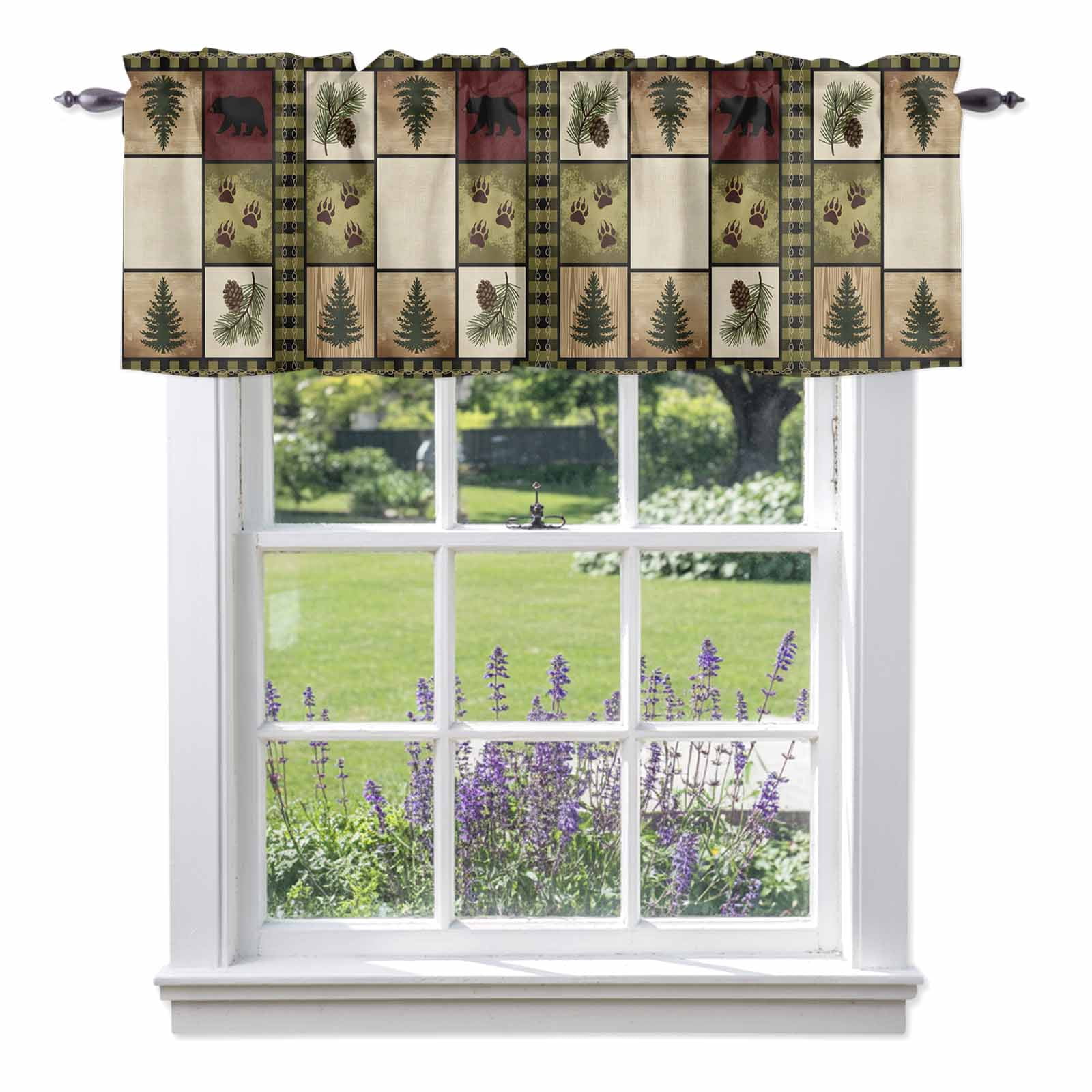 Gingham Plaid Valance Curtain Bear Silhouette Forest Pine Cones Vintage ...