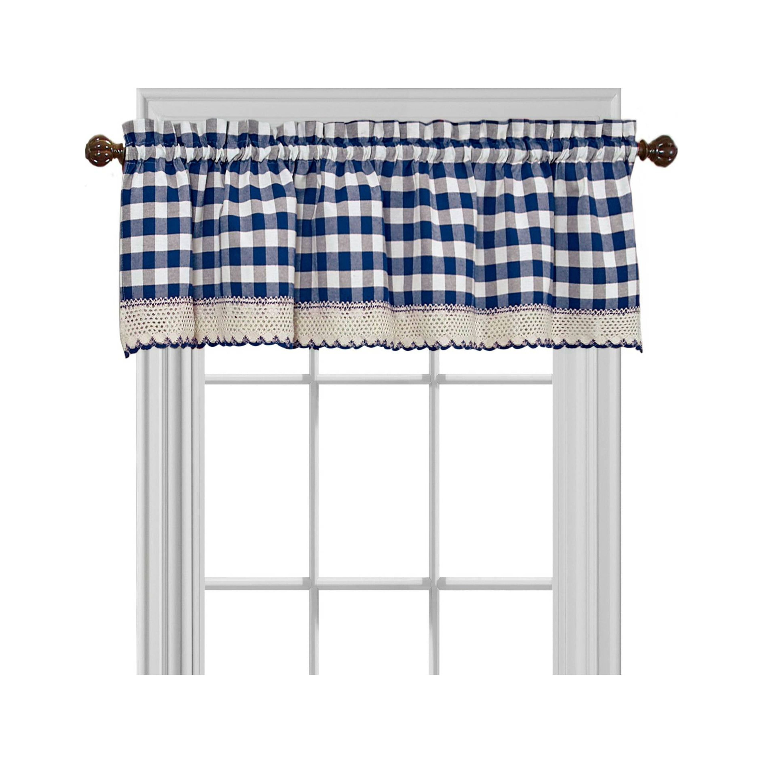 Gingham Plaid Window Curtain Valance Treatment with Macrame Trim - Navy