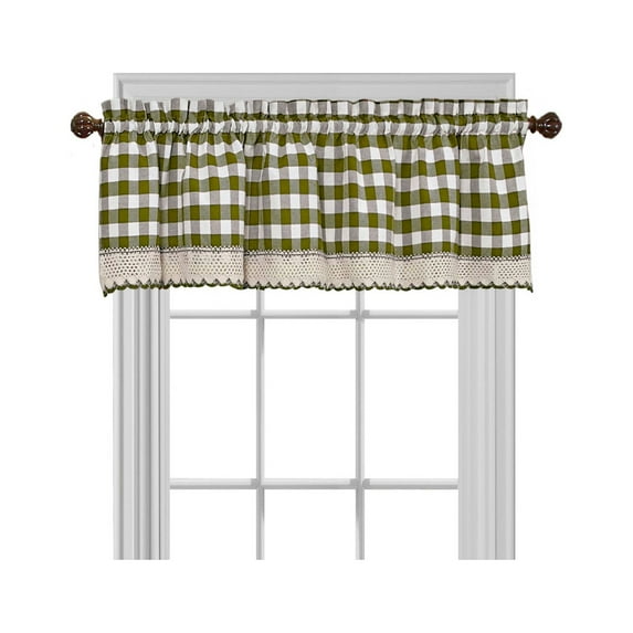 Gingham Plaid Window Curtain Valance Treatment with Macrame Trim - Sage