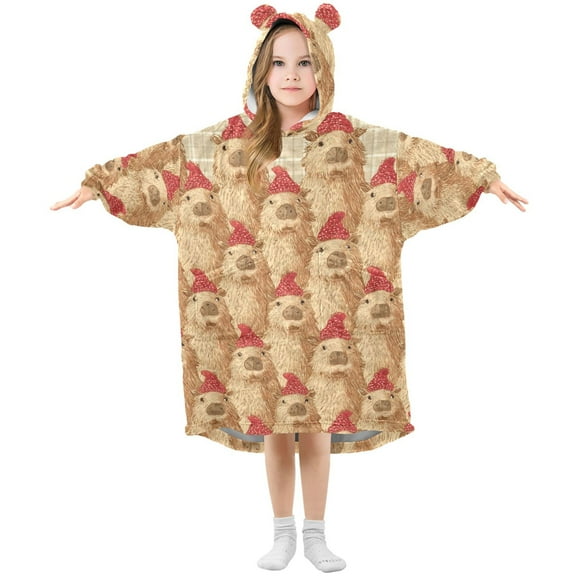 Gingham Plaids Capybara with Christmas Hats Flannel Wearable Blankets Hooded Design Long Sleeves Wrap Unisex for 3T-14Y S