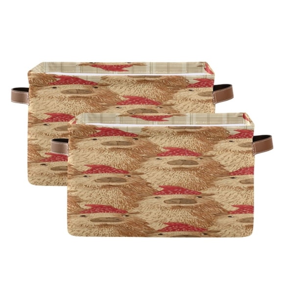 Gingham Plaids Capybara with Christmas Hats Square Storage Bins with Handles Collapsible Containing Box 2 Packs