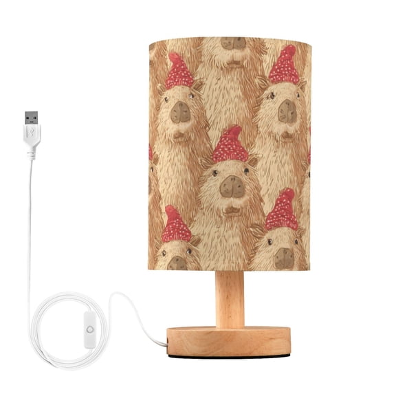 Gingham Plaids Capybara with Christmas Hats Table Lamp with USB Port LED Warm Light Lamp Night Light Home Decor