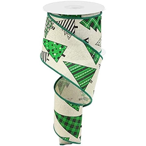 Gingham, Polka Dot, & Striped Christmas Trees Wired Edge Ribbon - 10 Yards (Beige, Green, Black, 2.5 Inch)