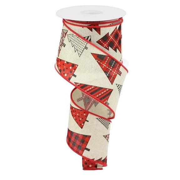 Gingham, Polka Dot, & Striped Christmas Trees Wired Edge Ribbon - 10 Yards (Beige, Red, Black, 2.5 Inch)