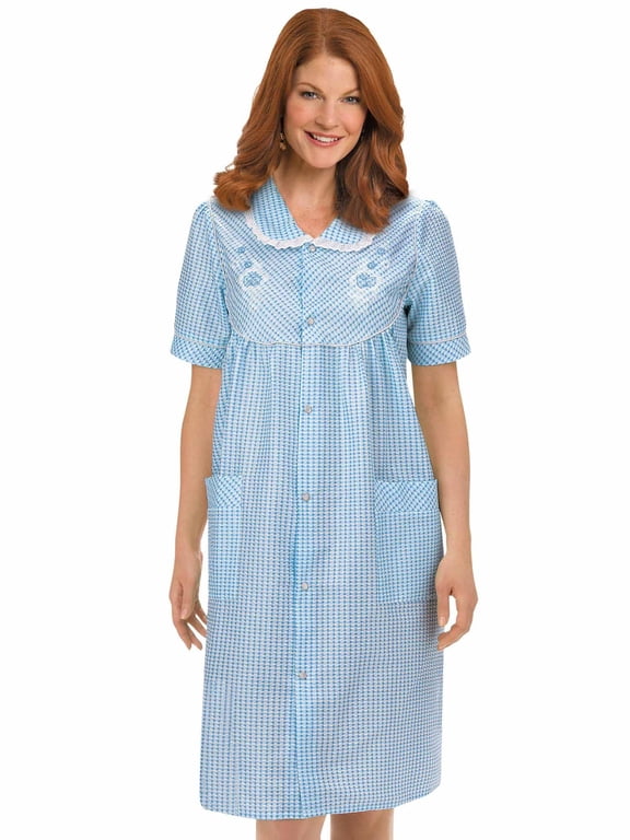 Women's Gingham Robe with Floral Accents, Snap-Front Closure and Lace Trim, Blue, Small