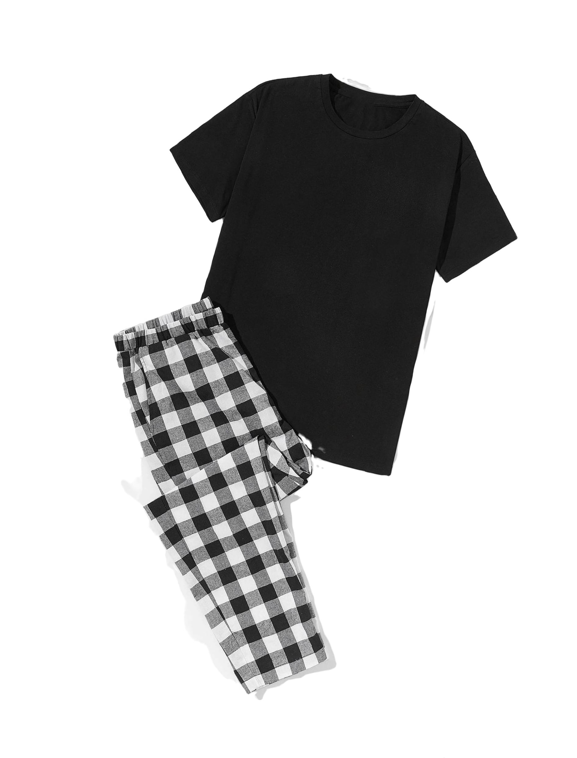 Gingham Print Round Neck Pajama Sets Short Sleeve Black and White Men
