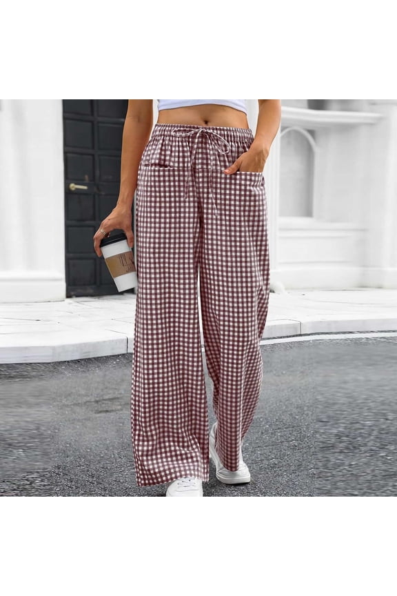 Gingham Print Wide Leg Pants for Women Elastic Waist Plaid Trousers Flowy Palazzo Bottoms Casual Boho Summerwear