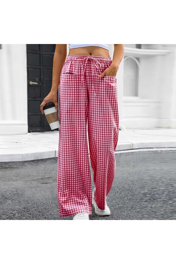 Gingham Print Wide Leg Pants for Women Elastic Waist Plaid Trousers Flowy Palazzo Bottoms Casual Boho Summerwear