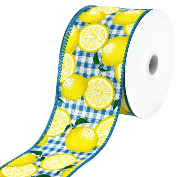 Gingham Printed Lemons Wired Ribbon, 2-1/2-inch, 10-yard, Light Blue