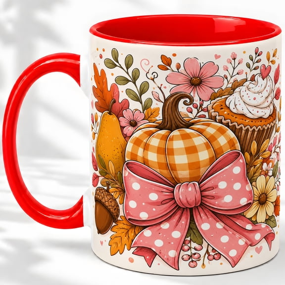 Gingham Pumpkin Dessert Accent Mug, 11oz Ceramic Coffee Cup for Fall Fans Ceramic mug featuring gingham pumpkin, pink bow, pear, cupcake, and fall florals