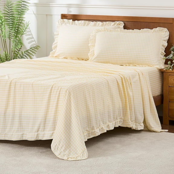 Gingham Queen Sheet Set Lightweight Brushed Microfiber Plaid with 16 Inch Deep Pocket and Ruffle Trim Yellow