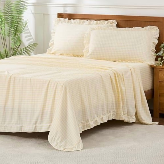Gingham Queen Sheet Set, Lightweight Super Soft Brushed Microfiber Plaid Bed Sheets with 16" Deep Pocket, 4 Piece Ruffle Farmhouse Bedroom Decor, Yellow