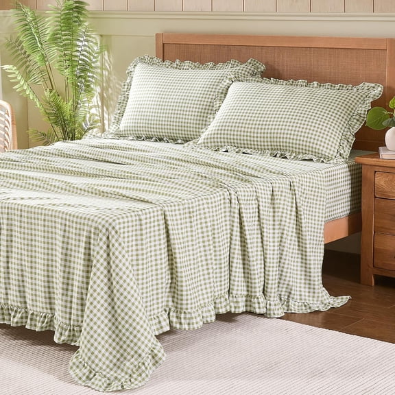 Gingham Queen Sheet Set Lightweight Super Soft Brushed Microfiber Plaid with 16 Inch Deep Pocket Ruffle Sage Green