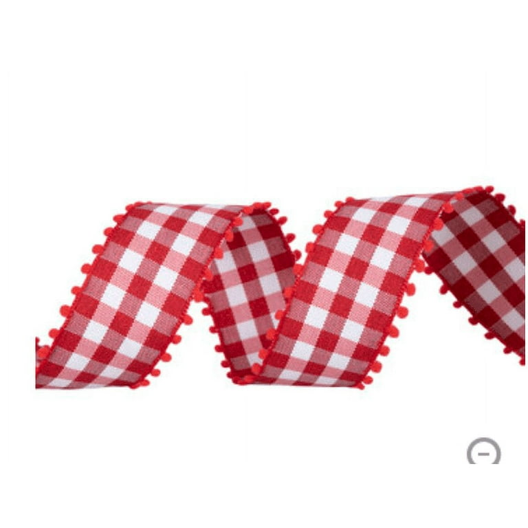 Gingham Red Ribbon with Pom Pom Edge 1 1/2 inch Craft DIY Projects Ribbon 4 Yards