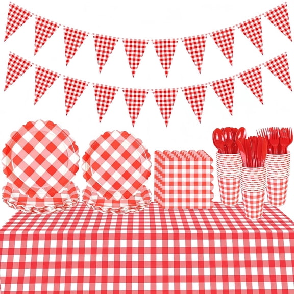 Gingham Red and White Party Supplies Disposable Paper Plates Napkins Cups Knives Spoons Forks Tablecloth Banner for Birthday Party Family Dinner Picnic Barbecue Mother's Day Party, Serve 25
