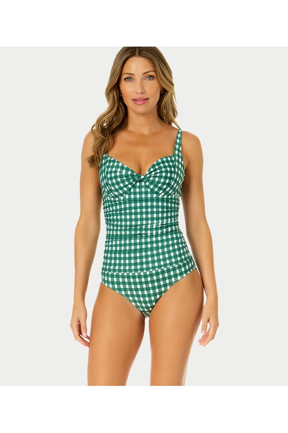 GREEN Gingham Retro Twist Front Shirred One Piece Swimsuit, US 16