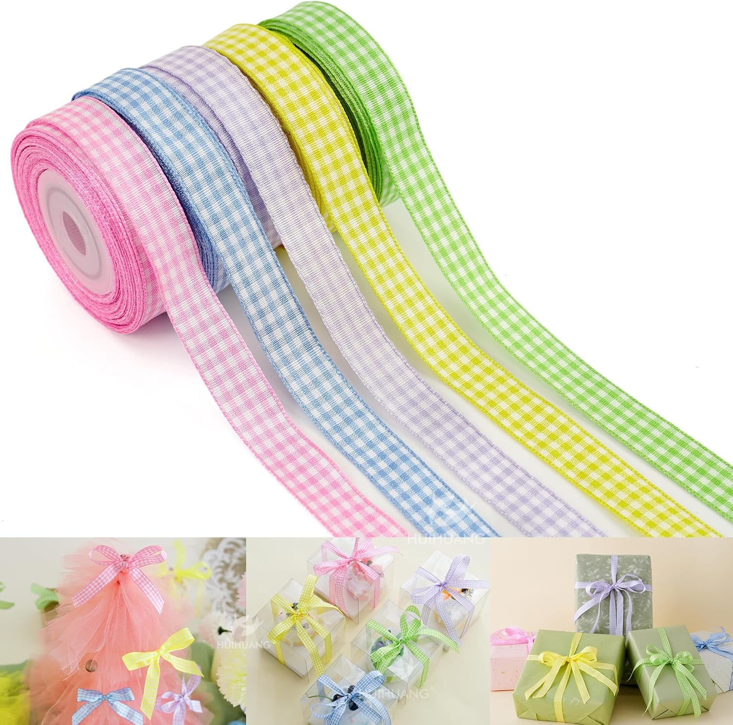 Gingham Ribbon 1/2 inch x 5 Rolls Easter Buffalo Plaid Ribbon 50 Yards Pink/Blue/Lt.Purple/Yellow/Green Check Ribbon Set for Gift Wrapping, Crafts, Bows, Hair Bows, Holiday Decoration Easter Day
