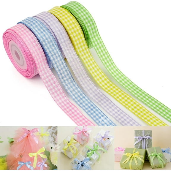 Gingham Ribbon 1/2 inch x 5 Rolls Easter Buffalo Plaid Ribbon 50 Yards Pink/Blue/Lt.Purple/Yellow/Green Check Ribbon Set for Gift Wrapping, Crafts, Bows, Hair Bows, Holiday Decoration Easter Day