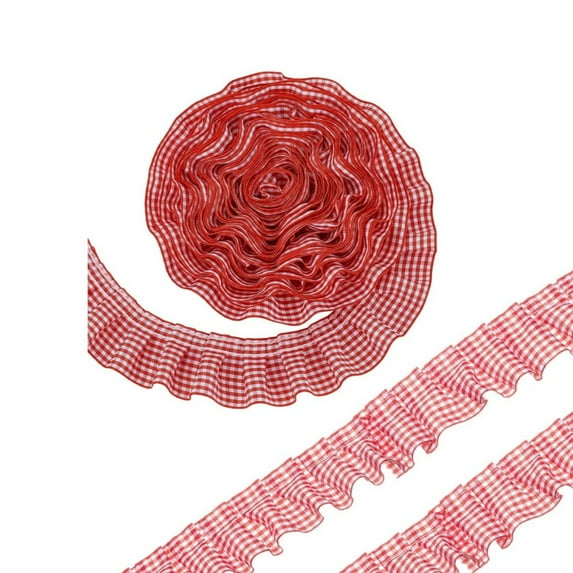 Gingham Ribbon Fabric Edge Trimming,QZS Portable Gingham Ribbon,Dress Ruffle Trim,1Pack Red Ruffle Pleated Lace Edge Trim for Home,5 Yards