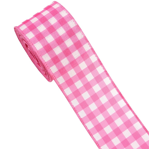 Gingham Ribbon Pink Check Plaid Wired Edge Ribbon for Gift Wrapping Wreath Bow Outdoor Decoration, 2.48*177 In