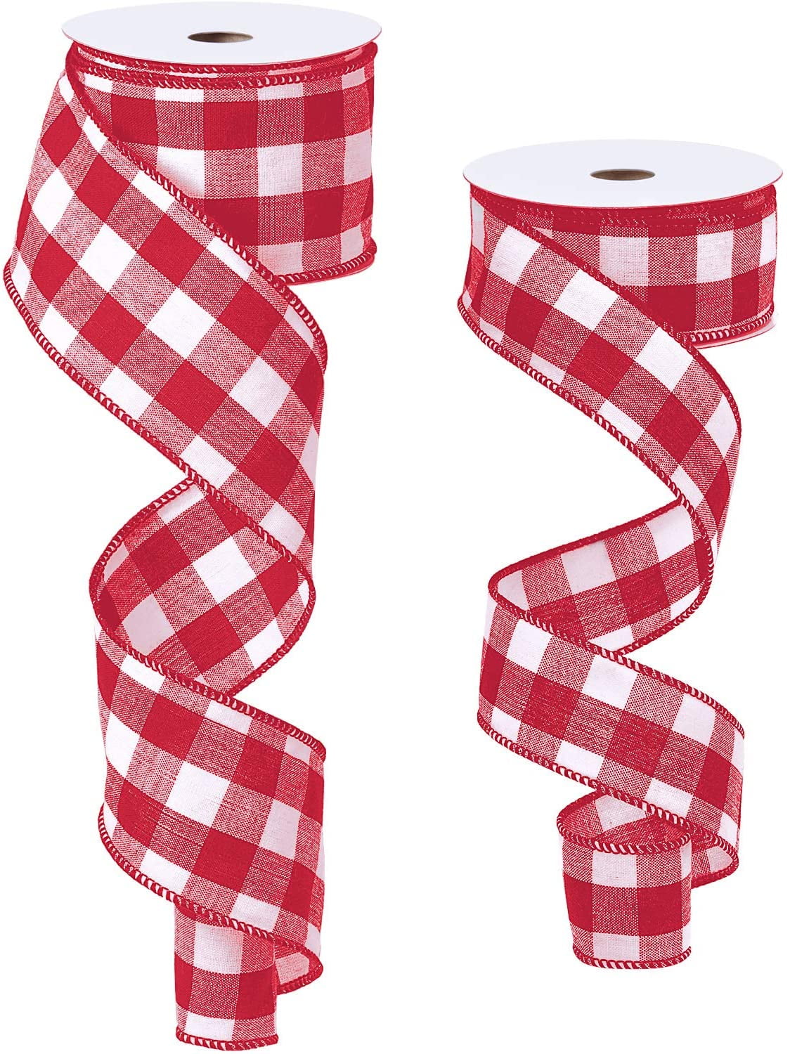 Gingham Ribbon Wired Edge Buffalo Plaid Ribbon Checked Wired for Christmas DIY Craft Festival Party Supply, 11 Yard a Roll(1.5/2.5 Inch,Red and White)