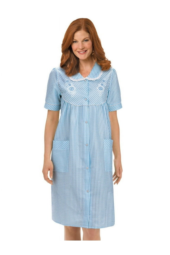 Gingham Robe with Floral Accents, Snap-Front Closure and Lace Trim