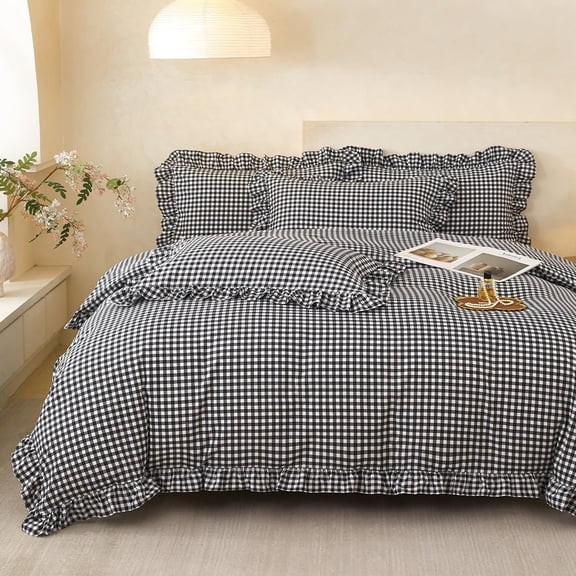 Gingham Ruffle Duvet Cover Size, Bedding, Country Style for Bed Decor, 3 count - Duvet Cover 90x90 Inch and 2 Pillowcases, Shabby Chic Checkered