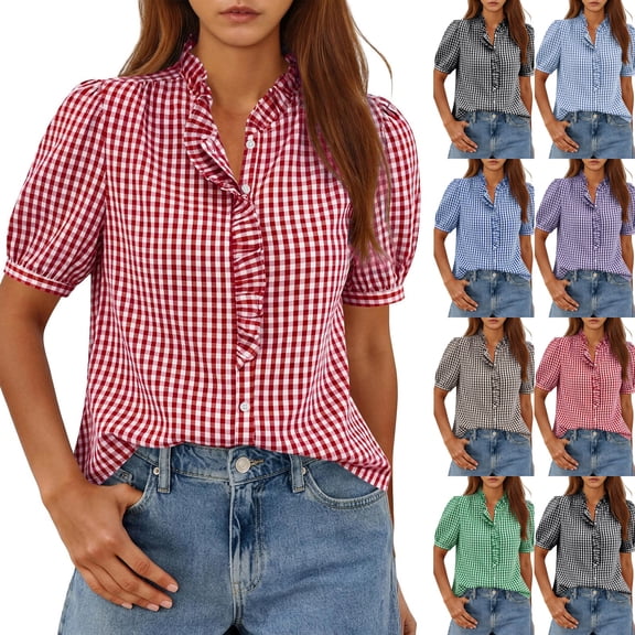 Gingham Ruffle Neck T Shirts for Women 2026 Summer Puff Sleeve Button Down Tops Relaxed Fit Lightweight Office Casual Blouses Red XL