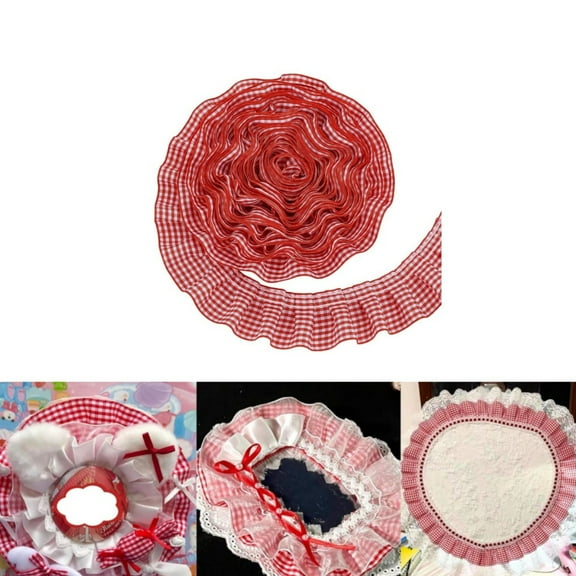 Gingham Ruffle Pleated Lace Trim,5 Yards Reusable Ruffle Trim for Sewing,QZS Portable Red Gingham Laces for DIY Craft Sewing Dress,1Pack