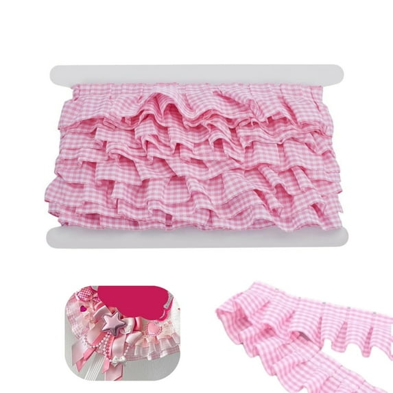 Gingham Ruffle Trim,QZS 1.6In Potable Ruffle Pleated Trim,Gathered Gingham Ribbon for Sewing,Dress,Costume,Collar Decor,5 yards,Pink