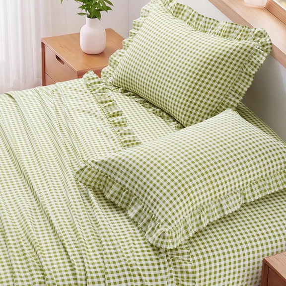 Gingham Ruffle Twin Sheet Set, Sage Green Microfiber Plaid Bed Sheets, 3 Piece, 16 Inch Deep Pocket, Wrinkle-Resistant & Breathable Farmhouse Design