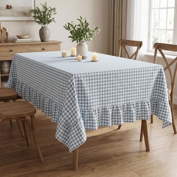Gingham Ruffled Tablecloth Blue/White Plaid Checkered Rectangular 100% Washed Cotton Table Cover for Vintage Chic Sweet Dining Farmhouse Decor Cottagecore Party(60x102 Fits 7-9 Seats)
