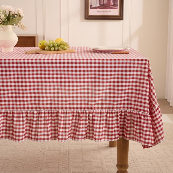 Gingham Ruffled Tablecloth Rectangle - Waterproof Linen Cotton Checkered Table Cloth, Outdoor Plaid Table Cover for Picnic, Camping, Party - 60 x 120 Inch, Red