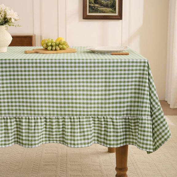 Gingham Ruffled Waterproof Tablecloth Rectangle - Linen Cotton Checkered Table Cover for Outdoor Picnic Camping Party - 60 x 120 Inch, Sage Plaid Table Linen