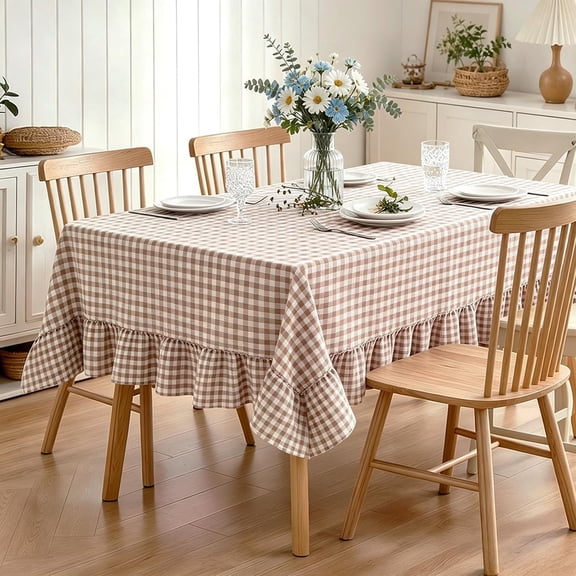 Gingham Ruffled Tablecloth Rectangular, Washed Cotton Buffet Cottage Coquette Checker Plaid Vintage Decorative Tablecloth(55x 70, Light Brown)