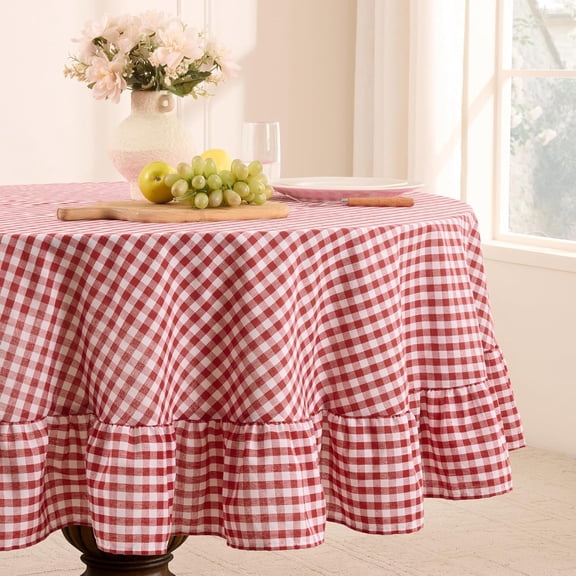 Gingham Ruffled Tablecloth Round - Waterproof Linen Cotton Checkered Table Cloth, Outdoor Plaid Table Cover for Picnic, Camping, Party - 70 Inch, Red