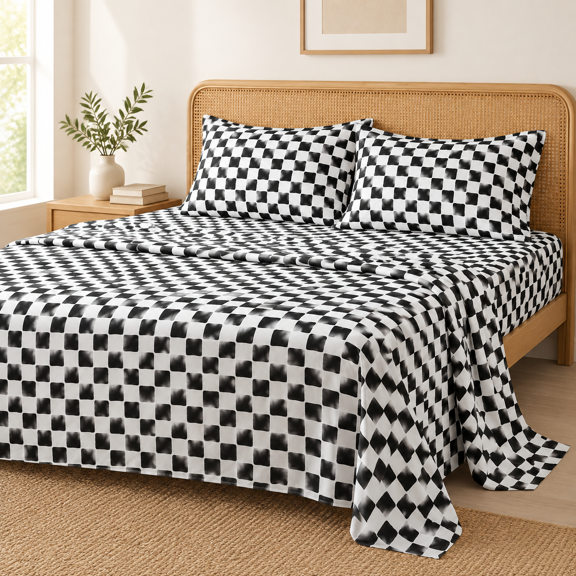 - Gingham Sheet Set 4-piece Checkered Grid Plaid Checkerboard Geometric Preppy Hand Drawn Pattern Printed Bedding Deep Pocket Bla