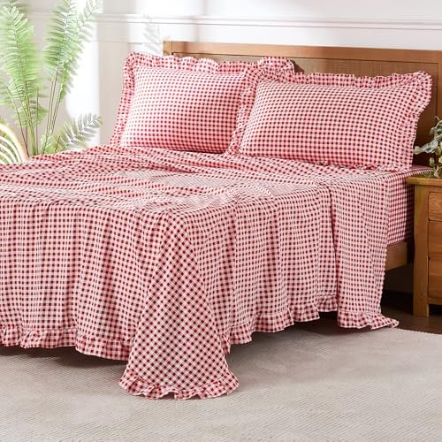 Gingham Sheet Set, Lightweight Super Soft Brushed Microfiber Plaid Bed Sheets with 16" Deep Pocket, 4 Piece Ruffle Farmhouse Bedroom Decor, Queen, Red