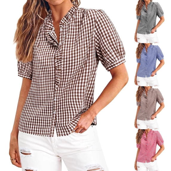 Gingham Shirt Women Puff Short Sleeve Ruffle V Neck Button Down Shirts for Women Summer Shirts Fashion Business Casual Preppy Tops Brown S