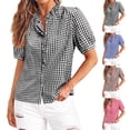 thumbnail image 1 of Gingham Shirt Women Short Puff Sleeve Ruffle V Neck Button Down Shirts for Women Summer Tops Fashion Business Casual Preppy Tops Black S, 1 of 8