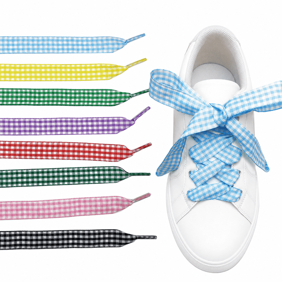 Gingham Shoe Laces, 8 Pairs Satin Ribbon Flat Shoelaces for Sneakers, Colored Plaid Shoe Strings for Women Girls, Cute Ballet Style Replacement Laces