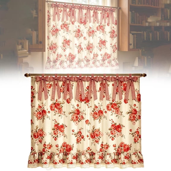 Gingham Short Curtains with Bow Farmhouse Plaid Lace Curtain Rod Pocket Checkered Window Kitchen Valances for Closet Cover Sink Skirt Bathroom and Oven Curtain Cover Oven Skirt Curtai