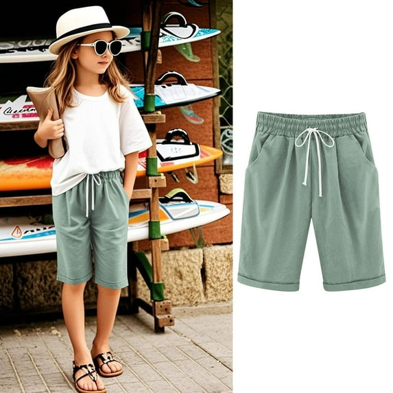 Gingham Shorts Toddler Girls Casual Bermuda Shorts Kids Knee Length High Waisted Summer Shorts Linen Comfy Drawstring Short Pants with Bermuda Shorts Kids