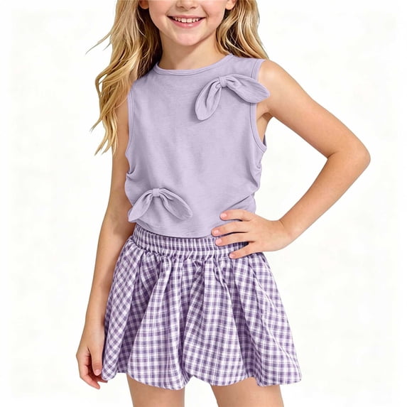 Gingham Skort Girls 2 Piece Set 1-9 Years Bow Sleeveless Top Casual Summer Outfit for Kids Purple 120(120)