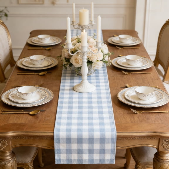 Gingham Table Runner Blue and White Checkered Pattern 13x71 Inch for Dining Room Kitchen Island and Holiday Party Decor