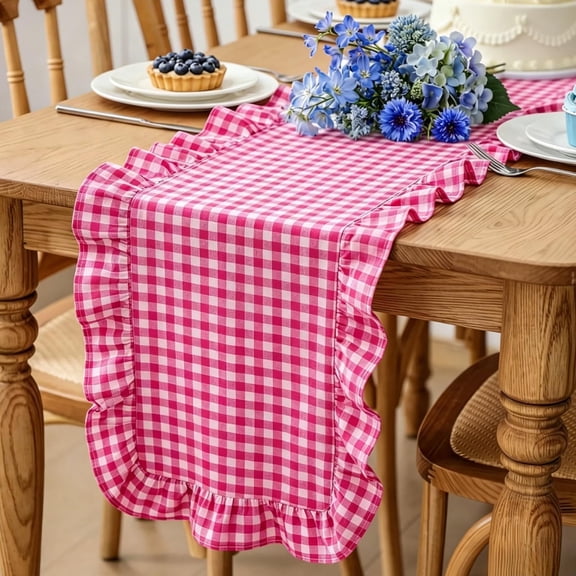 Gingham Table Runner, Farmhouse Ruffle Edge Table Runner Cloth for Dining Table Coffee Table Kitchen Cabinet Wedding Party Home Decoration